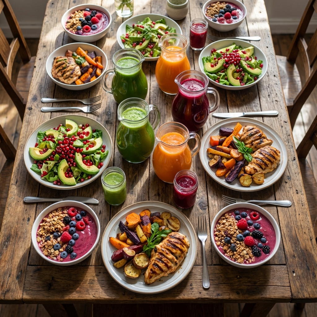 Mesa servida con variedad de platos saludables y coloridos